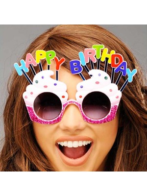 Nuveden Happy Birthday Yazılı Beyaz Fuşya Renk Parti Gözlüğü 12X7 cm DIE-RSTG34