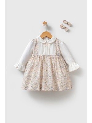 Myroka Kız Bebek Mevsimlik Çiçek Desen Elbise Ekru