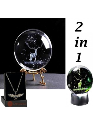 PremiumPort 3D Karlar Ülkesi Geyik Metal Ayaklı Işıklı Cam Küre ve Anka Kuşu Kolye