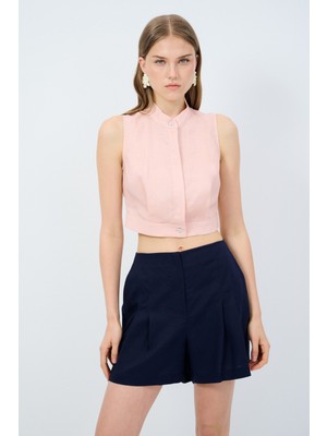 Adl Pileli Keten Crop Bluz Pudra 11542227004