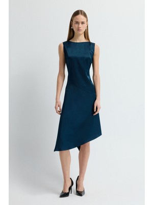 Love My Body Asimetrik Saten Elbise Petrol 124L9743001