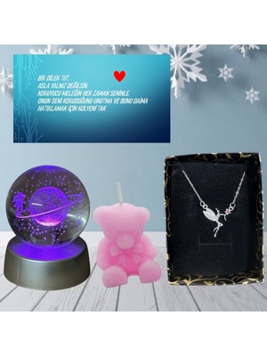 PremiumPort Renk Değişen LED Işıklı Cam Satürn, Kız Küre, Çelik Melek, Pembe Ayıcık