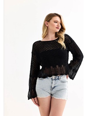 Yuga Knitting Ajurlu Çoklu Desenli Basic Günlük Yazlık Triko Crop Bluz