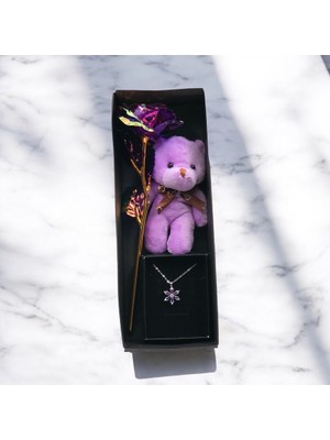 Masalsı Concept  Sevgiliye Hediye Aşkın Mor Işıltısı | Ayıcıklı Sonsuz Gül ve Taşlı Kolye Hediye Seti