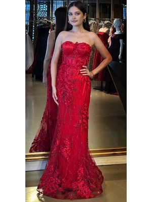 Abiyeniall Kırmızı Straplez Yaka Bel Dekolteli Düz Kesim Brode Tül Uzun Abiye Elbise 11061