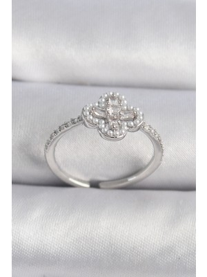 İlk El Grup Pirinç Gümüş Renk Zirkon Taşlı Yonca Model Inci Detay Kadın Yüzük - TJ-BYK3493 Iegtgrs-34