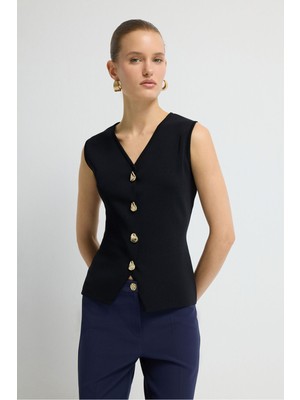 Adl V Yaka Triko Yelek Siyah 17945602000