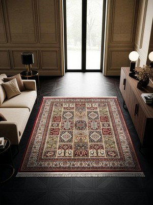 Cotto Home Fesane FN005R Bordo Bordürlü Pamuk Taban Afgan Desenli Salon Oturma Odası Halısı