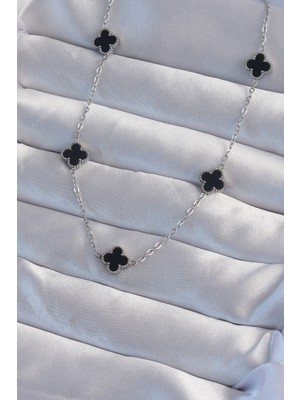 İlk El Grup 316L Çelik Gümüş Renk Minimal Siyah Mineli Yonca Kolye - TJ-BKO9003 Iegtgrs-34