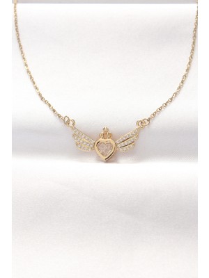 DS LLC 316L Çelik Gold Renk Zirkon Taşlı Kalpli Kanat Kolye - TJ-BKO8516 Iegtgrs-34
