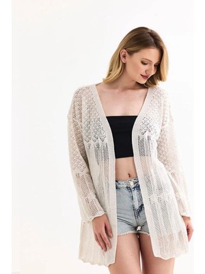 Yuga Knitting Kadın Delikli Ajurlu Uzun Yazlık Mevsimlik Hırka