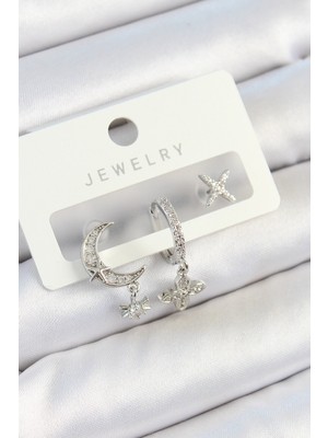 Nuveden Pirinç Zirkon Taşlı Çiçek ve Ay Model Gümüş Renk 3'lü Çift Kadın Küpe Set - TJ-BKP10804