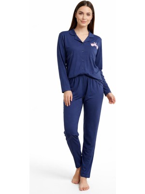 Miss Elizza Milan Pijama Takımı Lacivert Gömlek Yaka Küçük Cepli