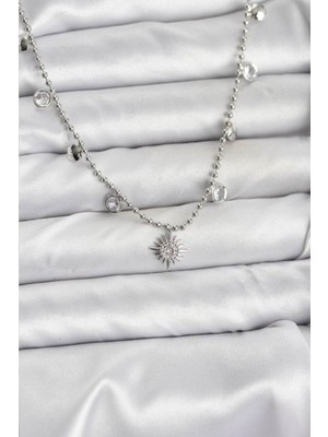 İlk El Grup Zirkon Taşlı Kutup Yıldızı Model Pirinç Gümüş Renk Kadın Kolye - TJ-BKO10658 Iegtgrs-34