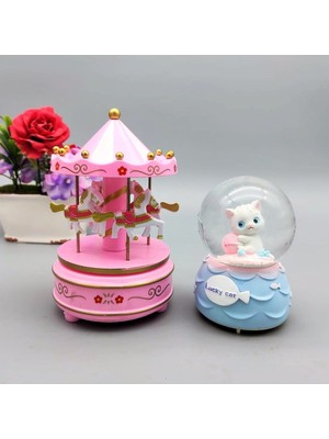 PremiumPort Sevimli Kedi Işıklı Müzikli Orta Boy Kar Küresi ve Atlı Karınca Müzik Kutusu