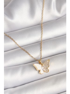 Nuveden 316L Çelik Gold Renk Zincir Zirkon Taşlı Beyaz Mineli Model Kadın Kolye - TJ-BKO9940 DIE-RSTG34