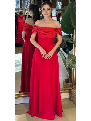 Abiyeniall Kırmızı Madonna Yaka Kloş Etekli Krep Uzun Abiye Elbise 11177-03