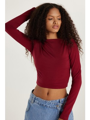 Tudors Kadın Slim Fit Dar Kesim Bisiklet Yaka Sırt Detaylı Bordo Bluz