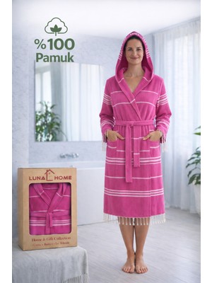 Luna %100 Pamuk Peştemal Bornoz Kapüşonlu Unisex- Fuşya