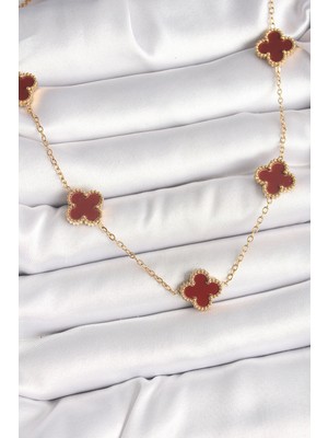 Die Grup 316L Çelik Gold Renk Zincir Bordo Yonca Model Kadın Kolye - TJ-BKO9926 DIE-RSTG34