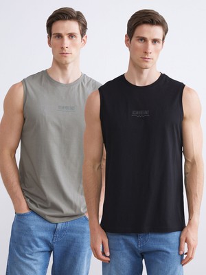 Lc Waikiki Yeni Sezon Bisiklet Yaka Baskılı Penye Erkek Kolsuz Tişört 2'li Paket