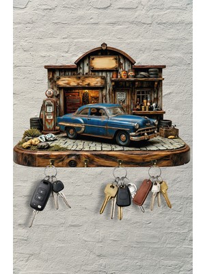 Time in a Tin Ahşap Anahtar Askılığı Retro Mavi Araba Garaj Temalı Dekoratif Duvar Anahtar Askısı