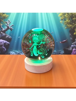PremiumPort Işıklı Ahşap Kaideli Deniz Kızı Temalı Cam Küre 8X6CM, Özel Tasarım