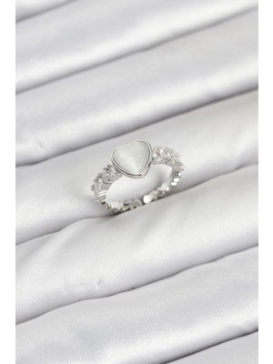 DS LLC Pirinç Gümüş Renk Zirkon Taşlı Kalpli Kadın Yüzük - TJ-BYK3857 Iegtgrs-34