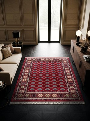 Cotto Home Fesane FN003J Bordo Pamuk Taban Afgan Desenli Salon Oturma Odası Halısı