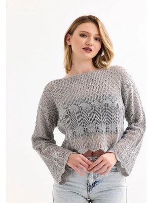 Yuga Knitting Ajurlu Çoklu Desenli Basic Günlük Yazlık Triko Crop Bluz
