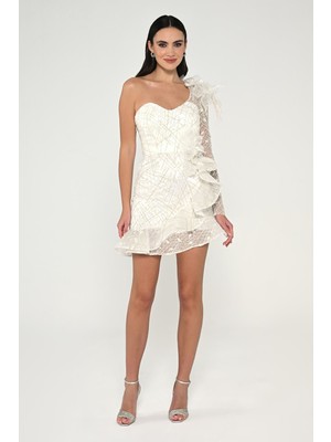 ALFABETA Kadın Tek Kol Dar  Desenli   Şık Gece Beyaz Abiye & Mezuniyet Elbisesi AB6389-BEYAZ