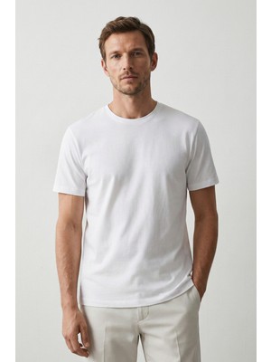 Elemge Pamuk Elastan Erkek Vücuda Oturan Magic Fit Beyaz T-Shirt Kısa Kol Esnek Likralı Tişört Nefes Alan