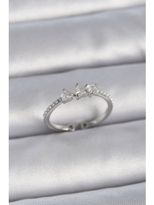 İlk El Grup Pirinç Gümüş Renk Zirkon Taşlı Kalp Inci Detay Ayarlanabilir Model Kadın Yüzük - TJ-BYK336