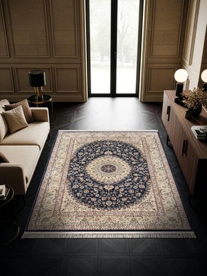 Cotto Home Fesane FN001M Lacivert Pamuk Taban Klasik Çerçeve Desenli Oturma Odası Halısı