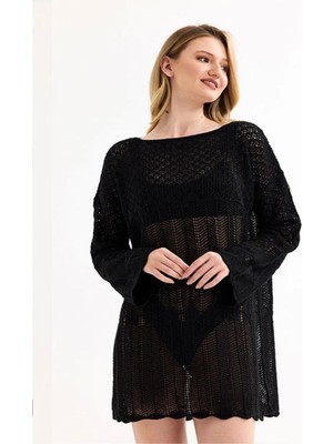 Yuga Knitting Kadın Yazlık Triko Örgü Ajurlu Delikli Tunik Plaj Elbisesi