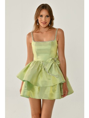 ALFABETA Kadın Mini Boy Desenli Ip Askılıklı Şifon Kumaş Yeşil Abiye & Mezuniyet Elbisesi AB6572-SU Yeşili