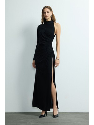 Love My Body Moda Tutkusu Tek Omuz Taşlı Örme Elbise Siyah 124M2246000