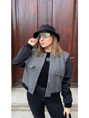 Keymood Kolları Saten Taşlı Gri Bomber Ceket