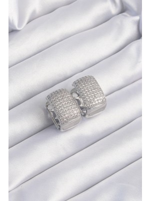 Nuveden Pirinç Gümüş Renk Zirkon Taşlı Minimal Halka Küpe - TJ-BKP9201 DIE-RSTG34