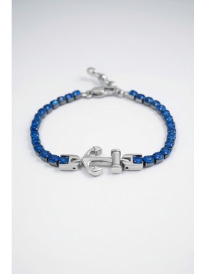 HERİF Erkek Çapa Motifli Parlak Lacivert Zirkon Taşlı Ayarlanabilir 18+3cm Çelik Bileklik