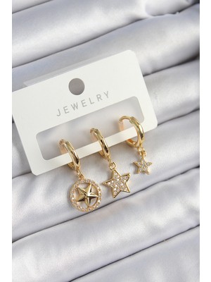 Nuveden Pirinç Zirkon Taşlı Yıldız Model Gold Renk 3'lü Çift Kadın Küpe Set - TJ-BKP10835 Dıe-Rstg3