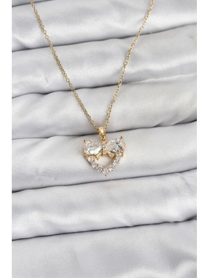 Nuveden 316L Çelik Zincir Gold Renk Kalp ve Fiyonk Model Zirkon Taşlı Kadın Kolye - TJ-BKO10848 Dıe-Rstg