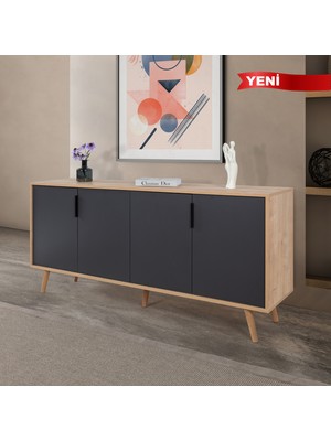 EVMO Home 4816 Sırma Konsol 180 cm ( Ahşap Ayaklı , Metal Kulplu ) Safir - Antrasit