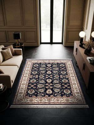 Cotto Home Fesane FN002M Lacivert Pamuk Taban Etnik Çerçeve Desenli Oturma Odası Halısı