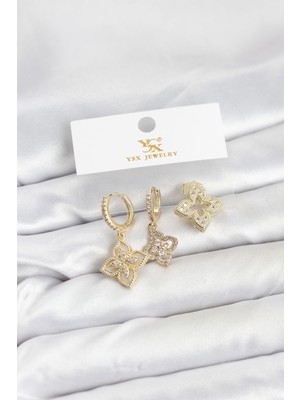 İlk El Grup Pirinç Gold Renk Yonca Model Ysx Trio Küpe Seti - TJ-BKP11552 Iegtgrs-34