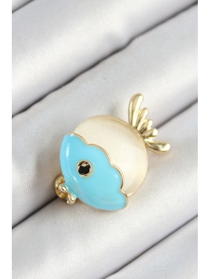 Nuveden Mineli Turkuaz ve Krem Balık Figürlü Gold Renk Kadın Broş - TJ-BR454 DIE-RSTG34