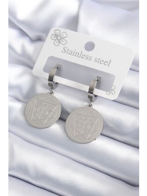 Nuveden 316L Çelik Gümüş Renk Pentagram Işleme Model Kadın Küpe - TJ-BKP7924 DIE-RSTG34