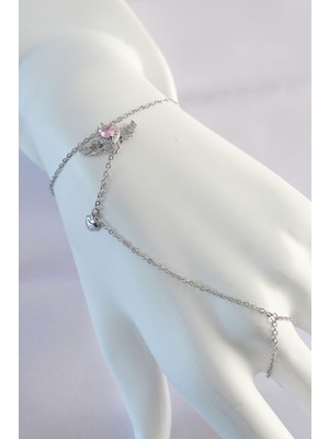 Nuveden 316L Çelik Gümüş Renk Pembe Zirkon Taşlı Kanatlı Kalp Model Şahmeran - TJ-SN584 DIE-RSTG34