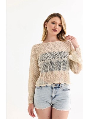 Yuga Knitting Ajurlu Çoklu Desenli Basic Günlük Yazlık Triko Crop Bluz
