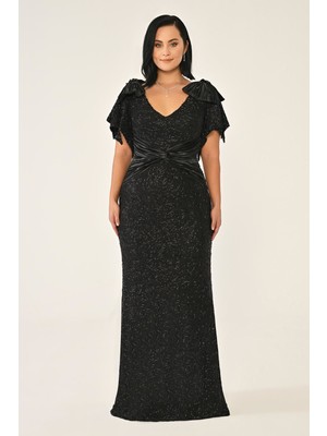 ALFABETA Kadın Omuzları Vatkalı Kılcıl Desenli Bel Saten Kumaş Detaylı Siyah Abiye & Mezuniyet Elbisesi AB6860-SİYAH